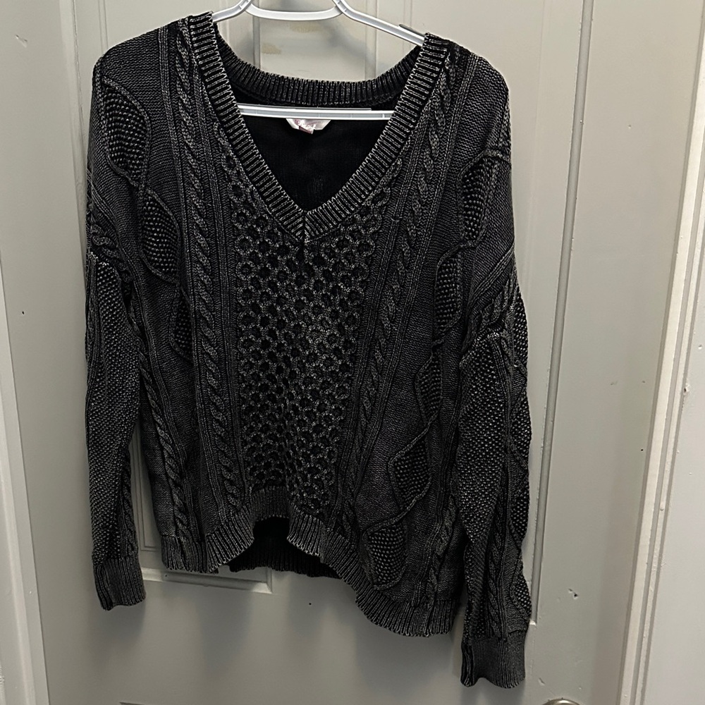 No Boundaries Black V-Neck Cable Knit Sweater
